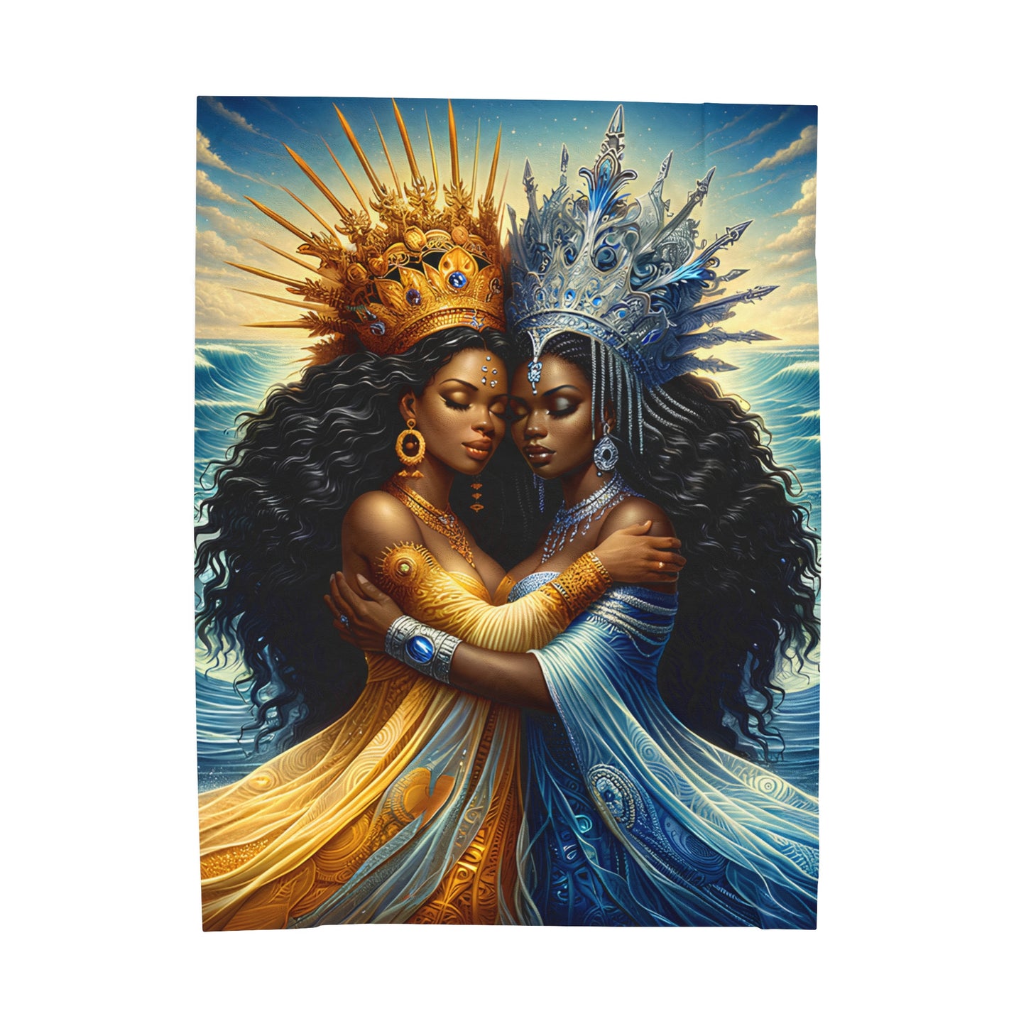 Blanket - Dos Aguas Yemaya Oshun | Spiritual Gift | Regla De Ocha | Santeria | Orisha Gifts | Yoruba Art | Velveteen Plush Blanket