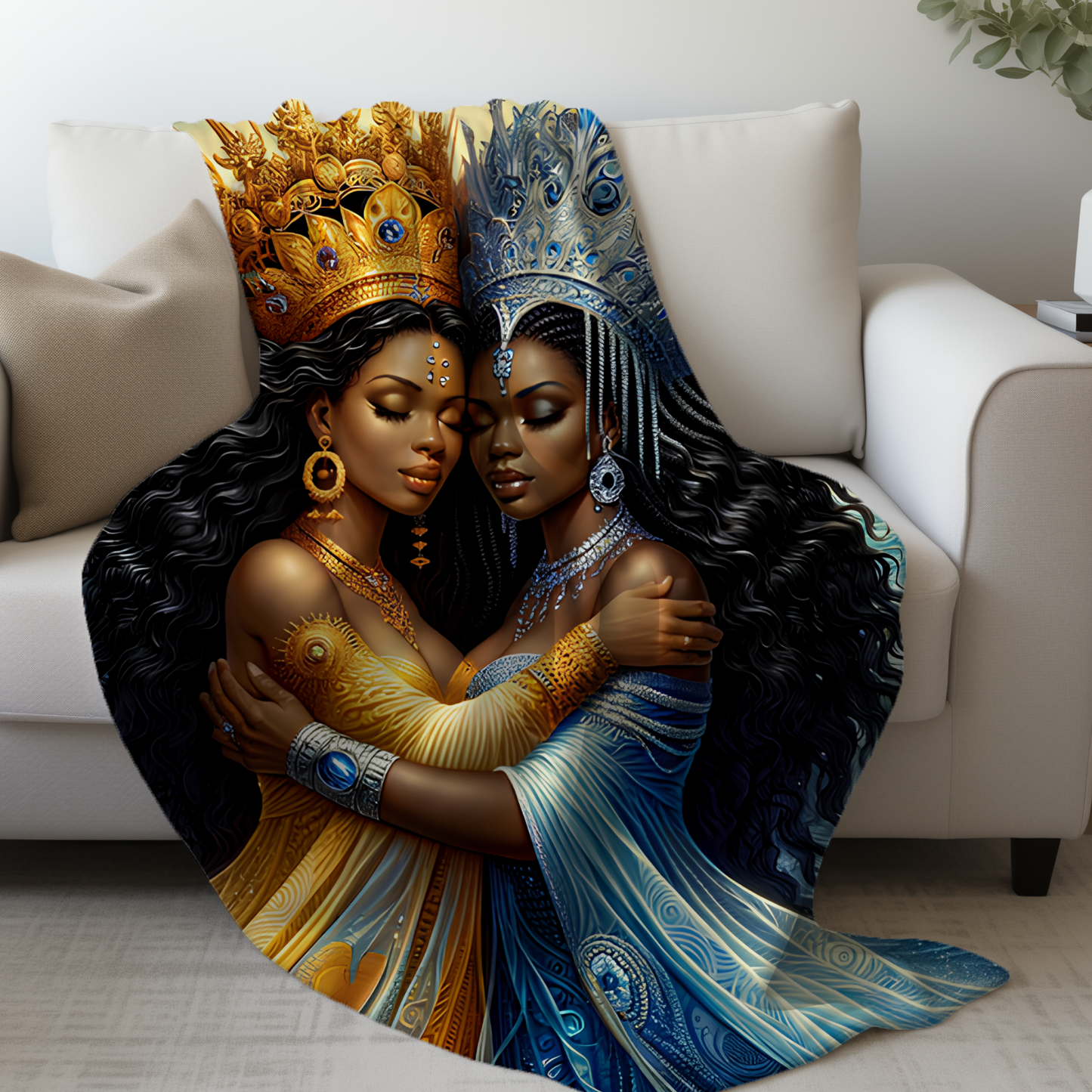 Blanket - Dos Aguas Yemaya Oshun | Spiritual Gift | Regla De Ocha | Santeria | Orisha Gifts | Yoruba Art | Velveteen Plush Blanket