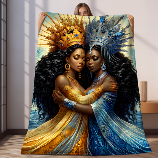 Blanket - Dos Aguas Yemaya Oshun | Spiritual Gift | Regla De Ocha | Santeria | Orisha Gifts | Yoruba Art | Velveteen Plush Blanket